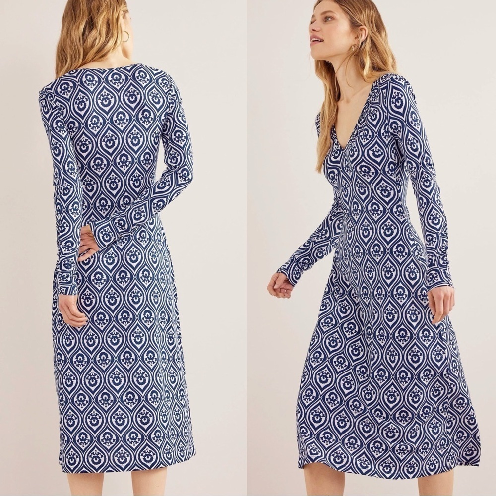 Boden • V-neck Jersey Midi Dress French Navy blue white Geo Cascade pattern - Picture 11 of 11